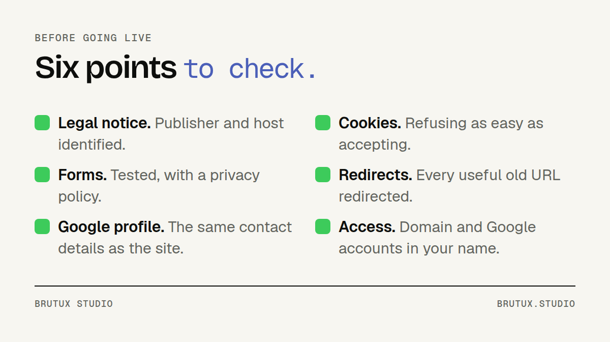 Six-point checklist before a website goes live: legal notice, cookies, forms, redirects, Google profile, access