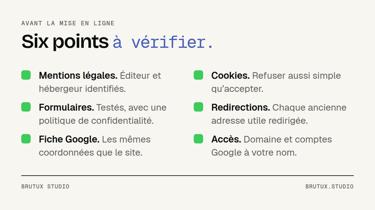 Check-list en six points avant la mise en ligne d’un site : mentions légales, cookies, formulaires, redirections, fiche Google, accès