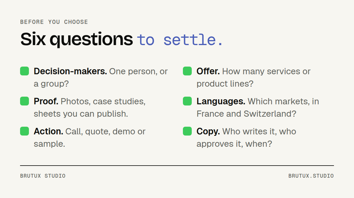 Six-question checklist for choosing between a brochure website and a B2B website