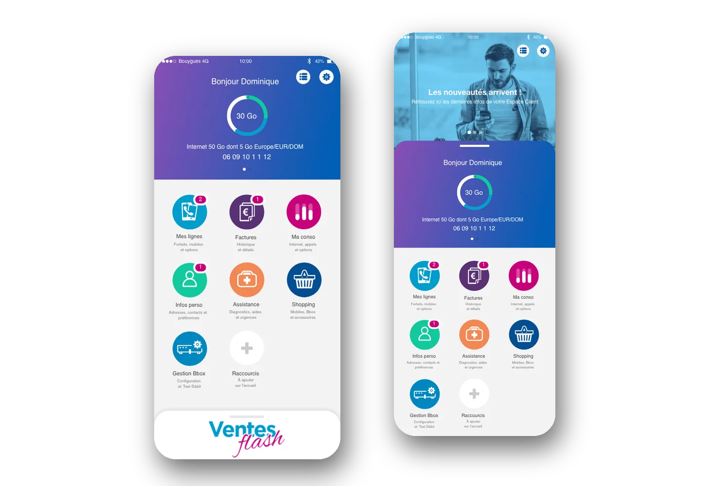 Deux écrans de l’espace client mobile Bouygues Telecom après la refonte