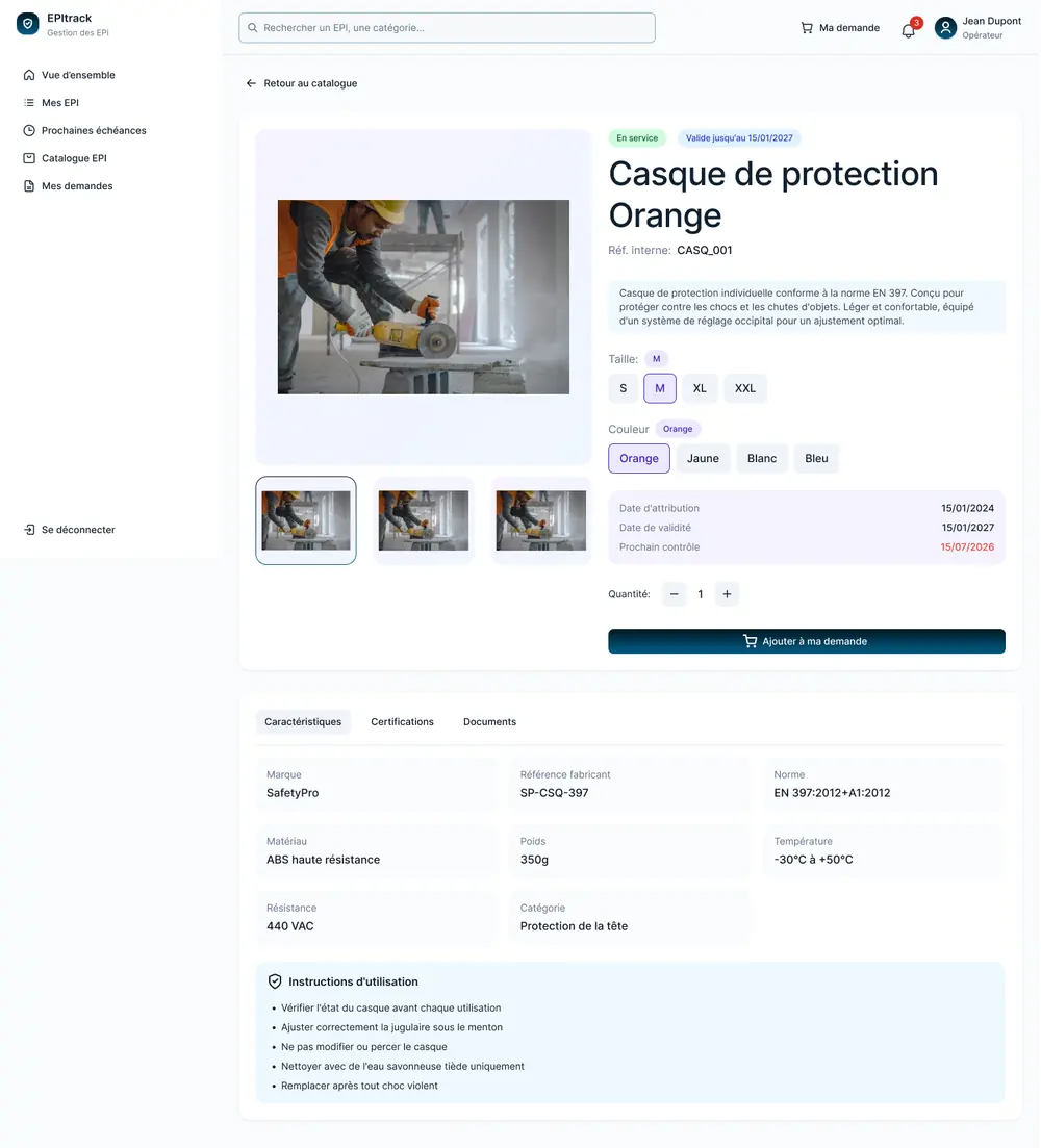 EPItrack : fiche produit normée d’un casque de protection