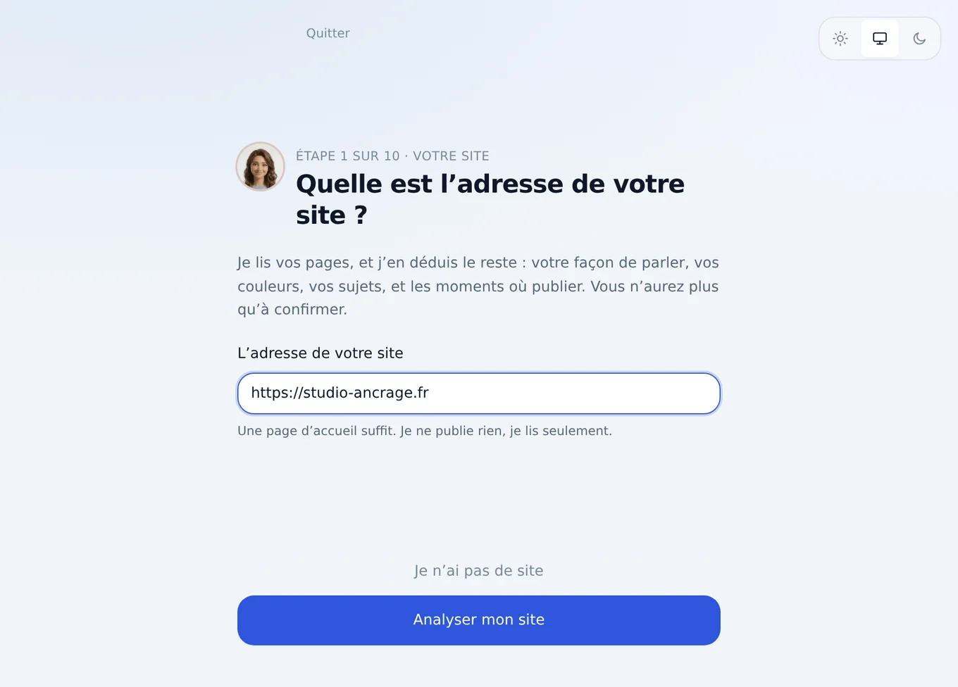 Hanny : démarrage guidé, une question à la fois, avec la réponse déjà proposée