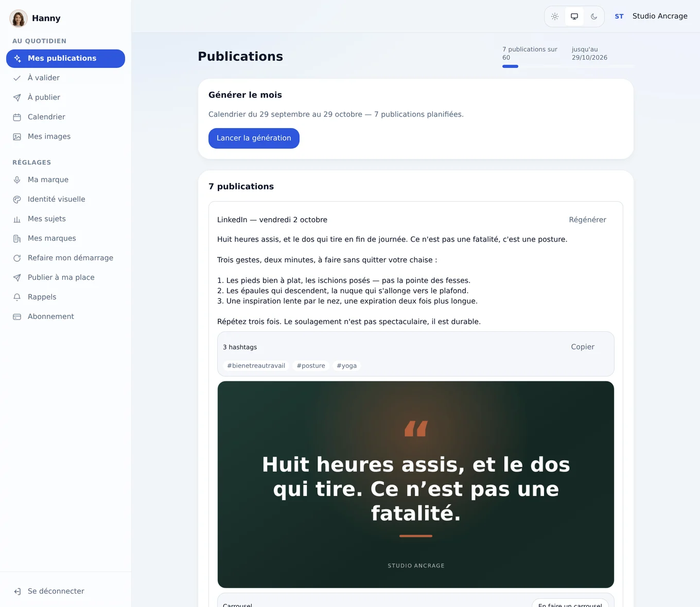 Hanny : écran « Mes publications » avec le texte d’une publication, ses hashtags et son visuel généré (marque d’exemple)