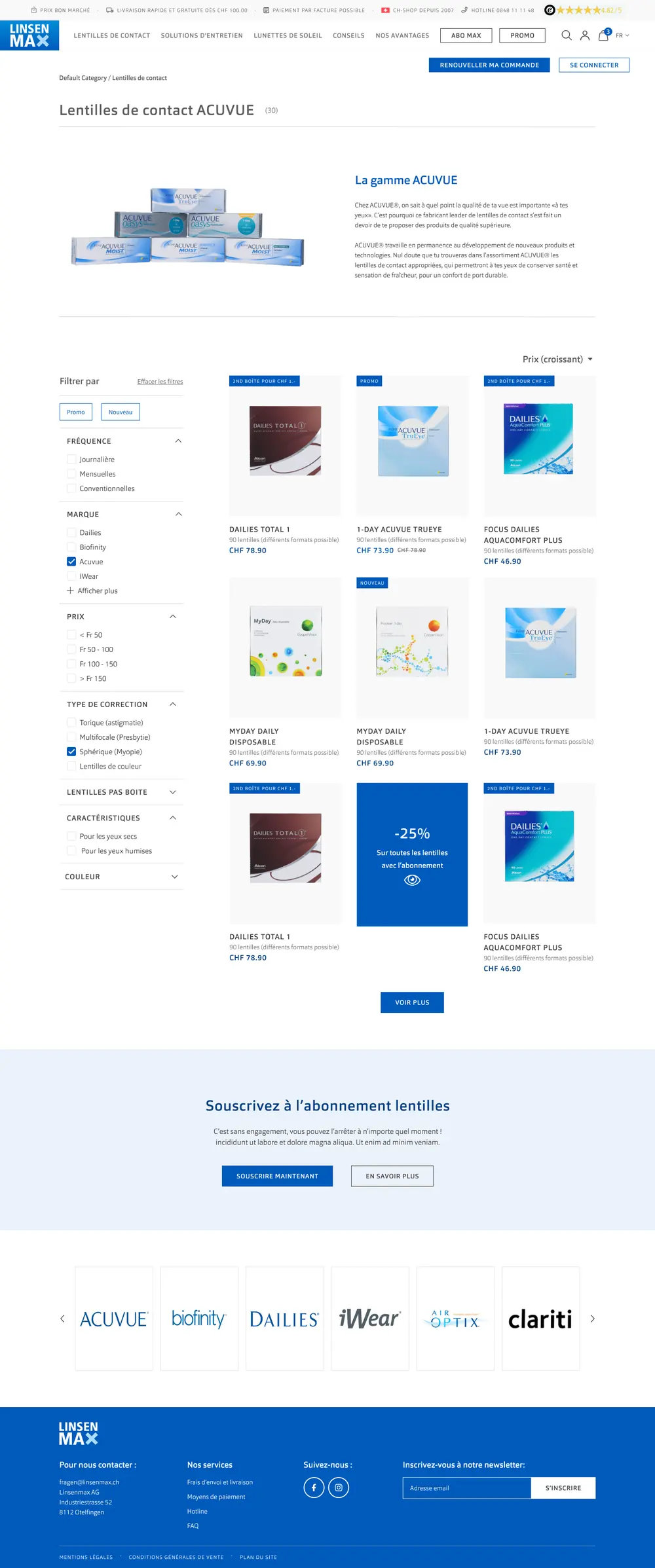 LinsenMax : page de gamme avec filtres par fréquence, marque, prix et type de correction