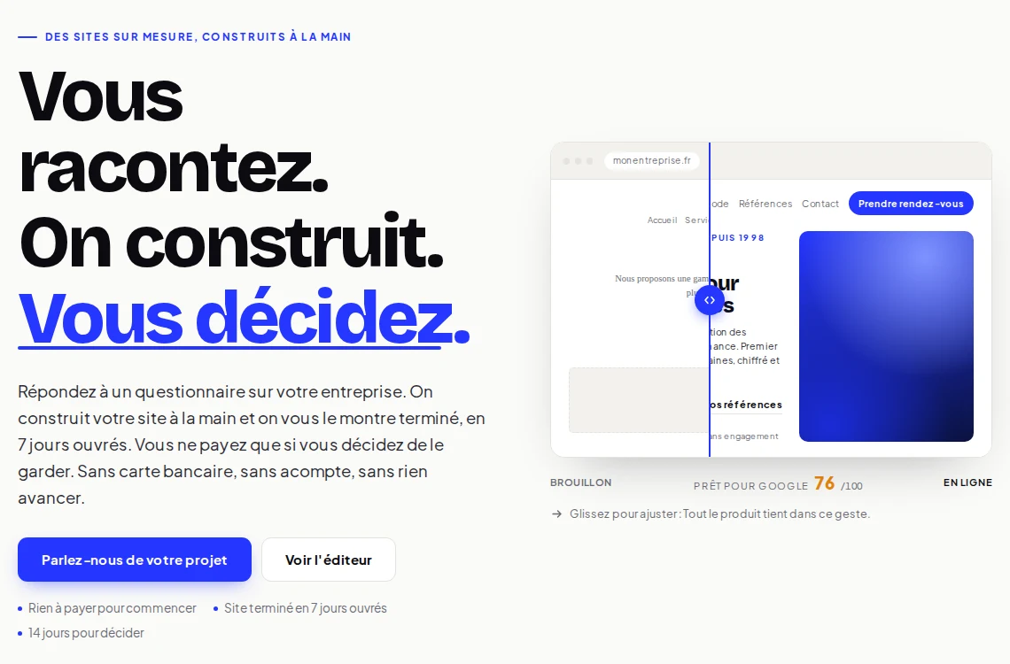Stellia : page d’accueil « Vous racontez. On construit. Vous décidez. » avec un curseur qui fait passer un texte du brouillon à la version en ligne