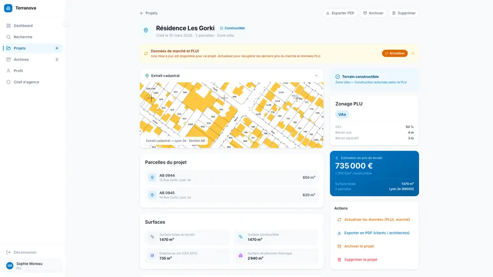 Terranova : fiche projet avec extrait cadastral, zonage d’urbanisme et estimation du prix du terrain